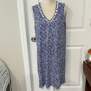Lilly Pulitzer Etta Corsica Blue Easy Peasy Dress Sz XL Mini Pom Pom Neckline